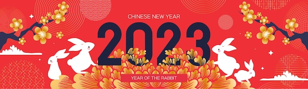 Happy Chinese New Year Lunar Year 2023 Year of the Rabbit Chinese Traditional color Cute flower and traditional ornament red background