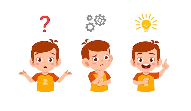 Happy cute little kid boy thinking and searching idea process