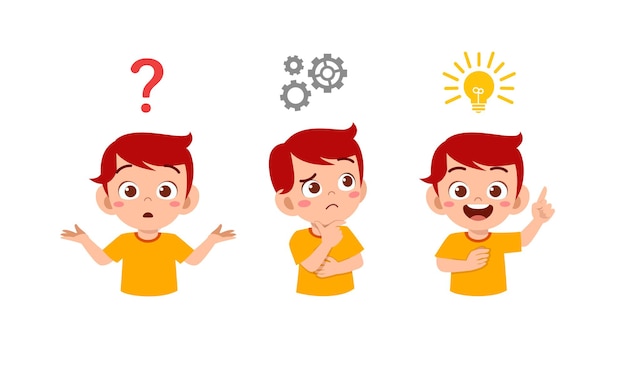 Happy cute little kid boy thinking and searching idea process
