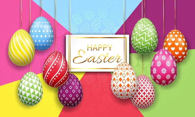 Happy Easter vector banner and poster template with colorful 3D eggs Easter design for invitation