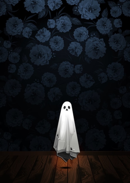 Happy Halloween greeting with Ghost floating in the air on flower background