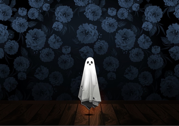 Happy Halloween greeting with Ghost floating in the air on flower background