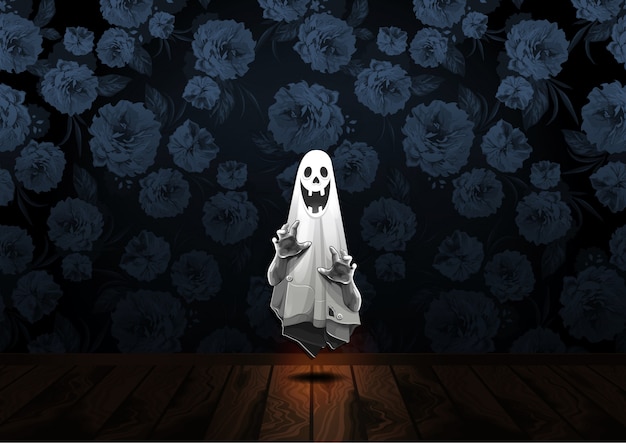 Happy Halloween greeting with Ghost floating in the air on flower background