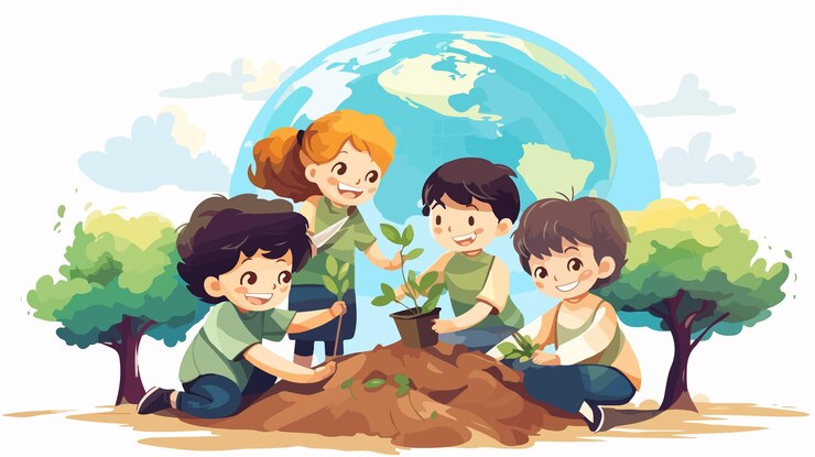 Happy Kids Planting in Creative Design World Environment