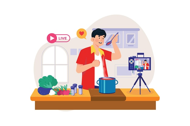 Happy man cooking dishes in the kitchen on a live stream