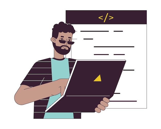 Happy man with laptop flat line concept vector spot illustration Programmer coding 2D cartoon outline character on white for web UI design Freelance editable isolated color hero image