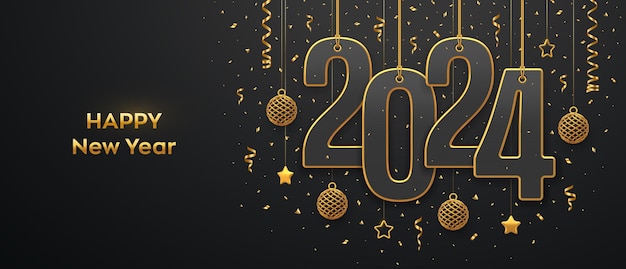 happy new 2024 year hanging on gold ropes numbers 2024 with shining 3d metallic stars balls and confetti on black background new year greeting card banner template realistic vector illustration
