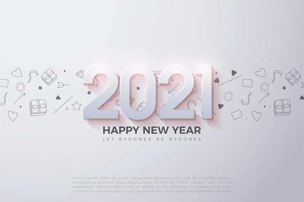 Happy new year background with shaded 3d numbers and small pictures as the background