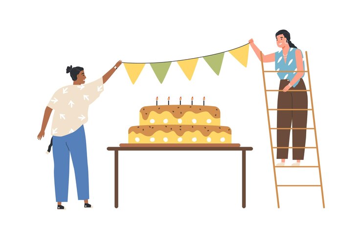 Vektör happy people preparing for birthday party celebration with big cake. cheerful women decorating, hanging festive paper garland. colored flat vector illustration isolated on white background.