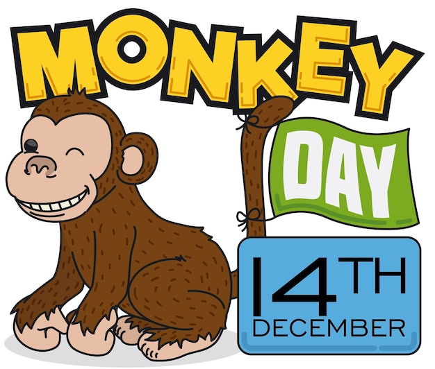 happy primate celebrating monkey day with flag in its tail and reminder with the date 14th december