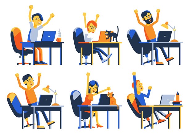 Happy remote worker with laptop jumped up for joy