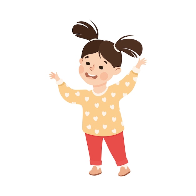 Happy Smiling Girl Character with Ponytails Standing and Gesturing Talking to Someone Vector Illustration