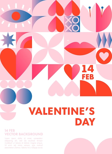 Happy Valentines Day greeting banner templateRomantic vector layout in bauhaus style with geometric elements and symbolsModern trendy design for bannersinvitationsprintspromo offers