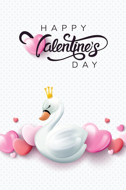 Happy Valentines Day typography with handwritten calligraphy text with swan and 3d hearts