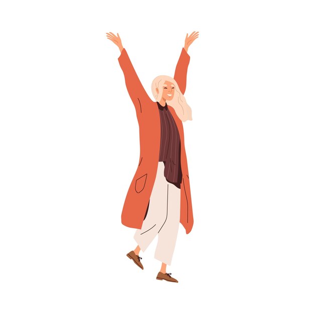Happy woman rejoicing. Excited positive person celebrates success with smile and joy. Cheerful energetic delighted female exulting after victory. Flat vector illustration isolated on white background