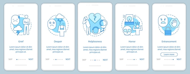 Hard feelings onboarding mobile app page screen vector template. Grief, despair, helplessness, horror. Walkthrough website steps with linear illustrations. UX, UI, GUI smartphone interface concept