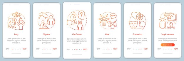 Hard feelings onboarding mobile app page screen with linear concepts