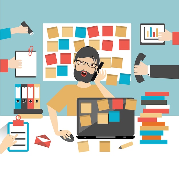 Hard working business man Worksplace flat vector illustration