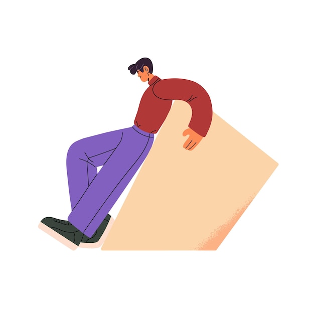 hardworking person works alone office worker pushes heavy geometric shape people overcome challenges problem rushing to success concept flat isolated vector illustration on white background