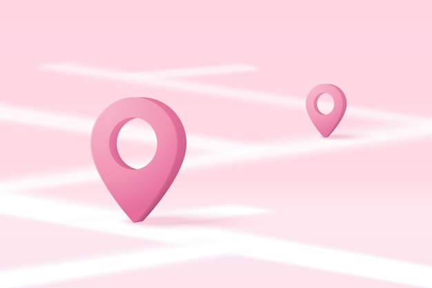 Haritanın veya navigasyon pin simgesinin 3B konum noktası işaretleyicisi, izole pembe arka planda işaretlenir Navigasyon, harita yönünde gölgeli pembe pastel renktir 3B GPS pimi vektör oluşturma illüstrasyonu