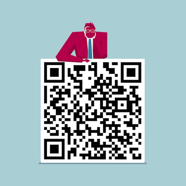 he businessman leans on the QR code. The background is blue.