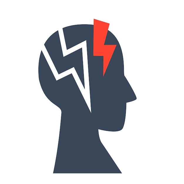 Headache symbol. Migraine. Head profile with a red thunder.