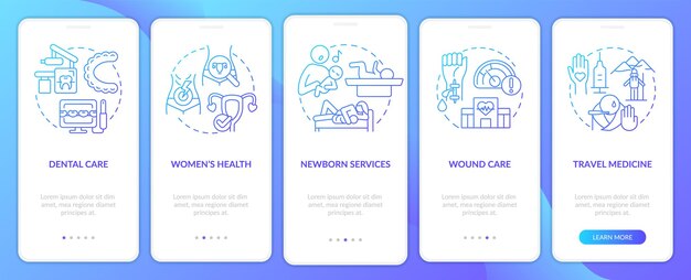 Healthcare services blue gradient onboarding mobile app screen Patient walkthrough 5 steps graphic instructions pages with linear concepts UI UX GUI template Myriad ProBold Regular fonts used