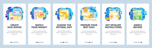Healthy lifestyle and weight loss diet Cook healthy food by online recipe Mobile app onboarding screens Menu vector banner template for website and mobile development Web site design illustration