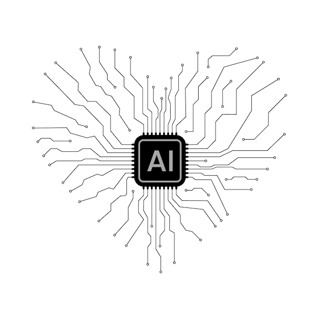 Heart shaped black electronic circuit board with AI chip representing advanced technology vector