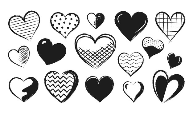 Heart sketch Grunge paintbrush logo with primitive textures Scribble black ink shapes Love and passion contour signs Isolated romance and marriage symbol Vector Valentine brushstroke icons set