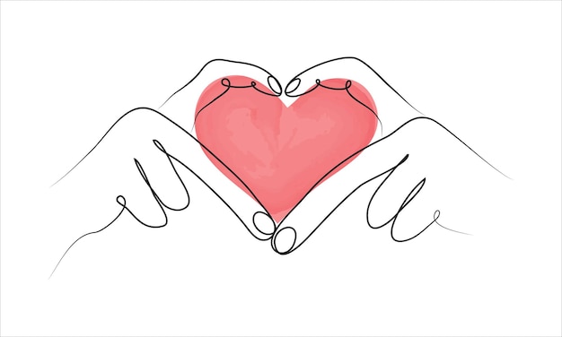 Heart symbol using hands in modern thin line style using watercolor paints