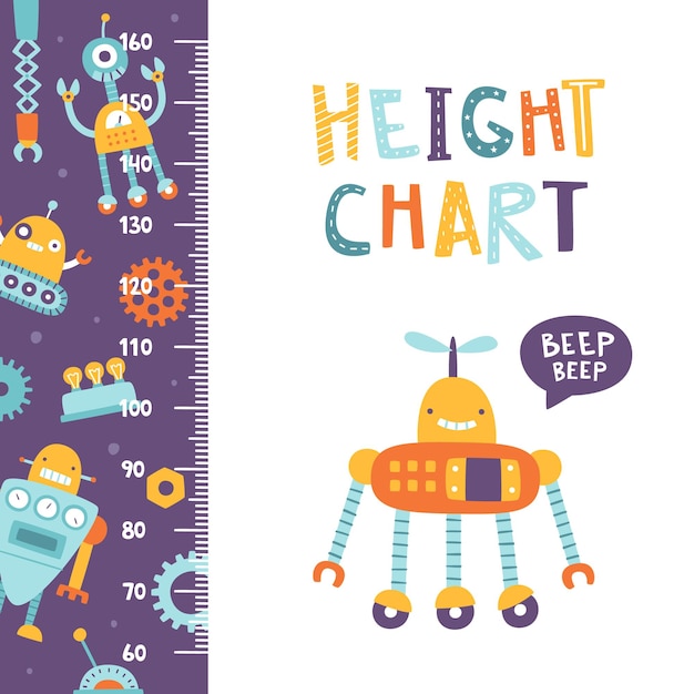 Height chart with cute robots Cartoon ruler with funny robots Doodle stadiometer foe baby