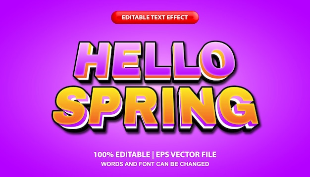Hello spring editable text effect template, bold font style effect in purple color background