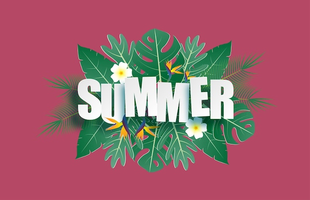 Hello summer banner with tropical leaves Vector