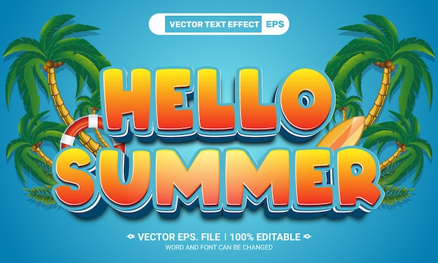 hello summer editable vector text effect on blue background with a tropical beach and plam trees