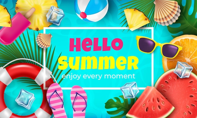 Hello Summer Enjoy Moment Ads Banner Concept Poster Card Vector