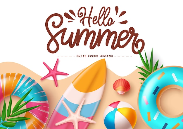 hello summer greeting text with beach element in abstract brown and white background