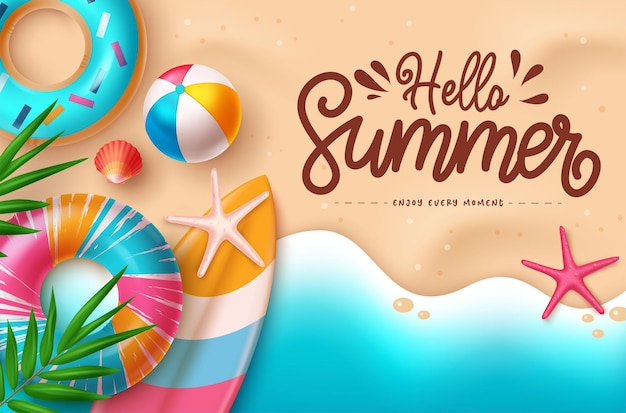 hello summer greeting text with summer vector elements on sea side
