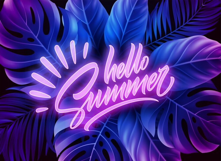 Vektör hello summer neon lettering on a background of exotic tropical palm leaves.  