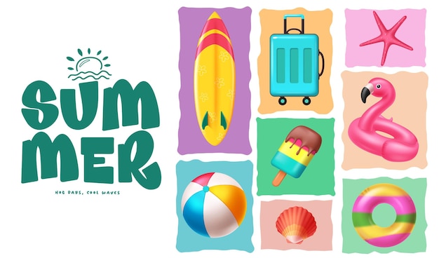Hello summer text with summer and travel elements Vector illustration