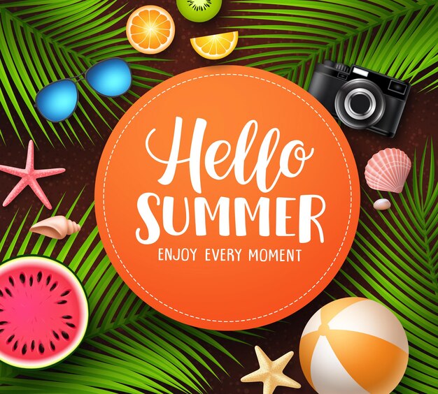 Hello summer vector banner template with greeting text in orange circle palm leaves and beach