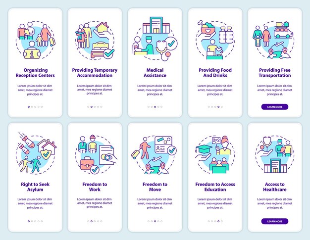 Helping refugees onboarding mobile app screen set Governmental support walkthrough 5 steps graphic instructions pages with linear concepts UI UX GUI template Myriad ProBold Regular fonts used