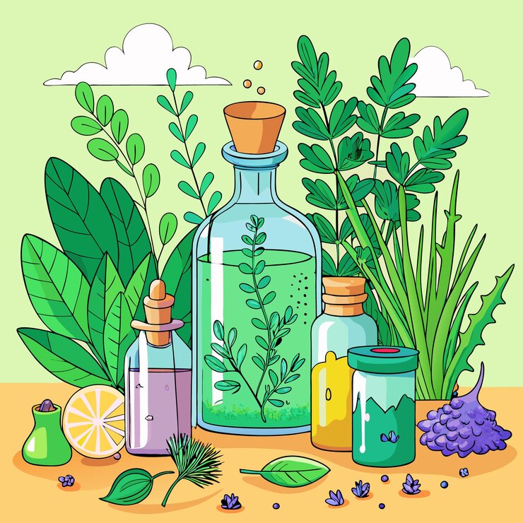 Vektör herbal greenery and bottled elixirs illustration