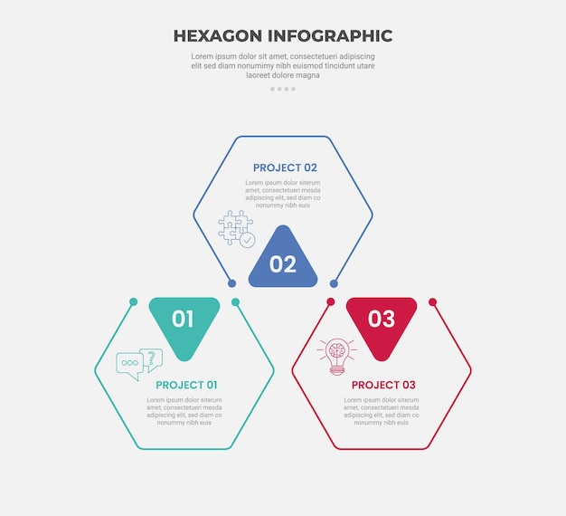 hexagon or hexagonal base shape infographic outline style with 3 point template with hexagon outline ups and down triangle structure for slide presentation