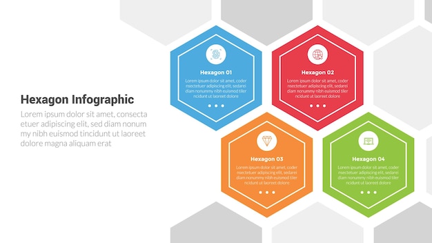 hexagon or hexagonal honeycombs shape infographics template diagram with fullpage on right layout with 4 point step creative design for slide presentation vector