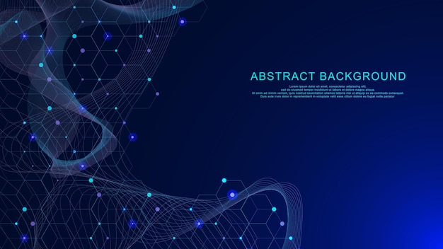 hexagon pattern with glowing particles and wave flow genetic research molecular structure background