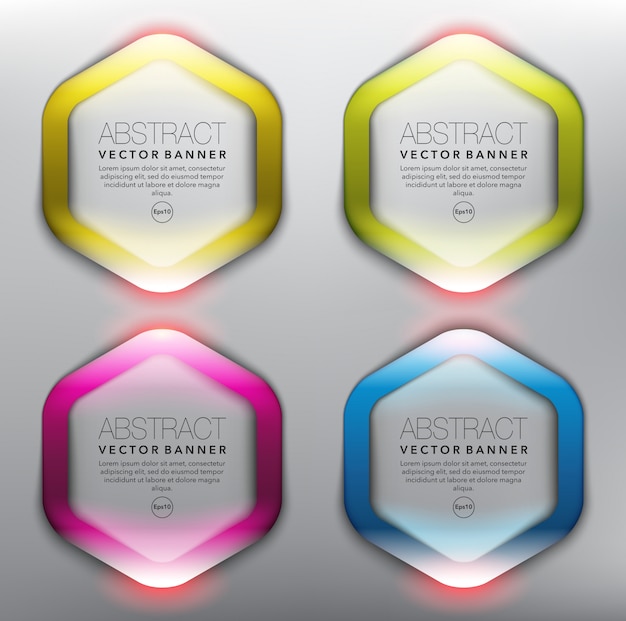 Hexagonal glass banners with colorful frame. Isolated