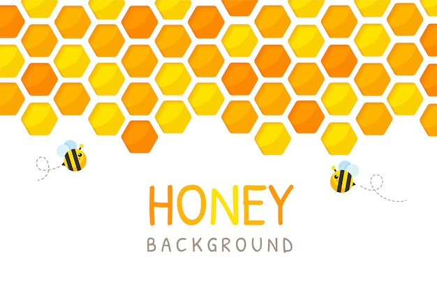 hexagonal golden yellow honeycomb paper cut background with bee and sweet honey inside.