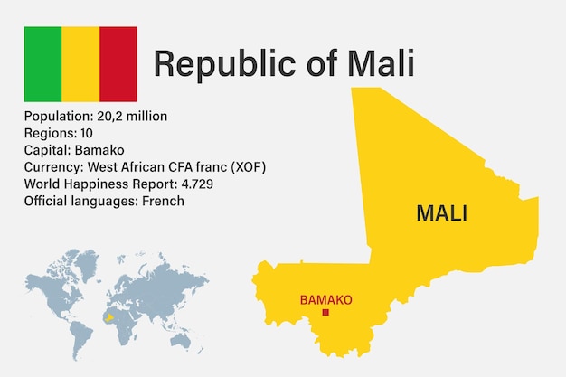 Highly detailed Mali map with flag capital and small map of the world