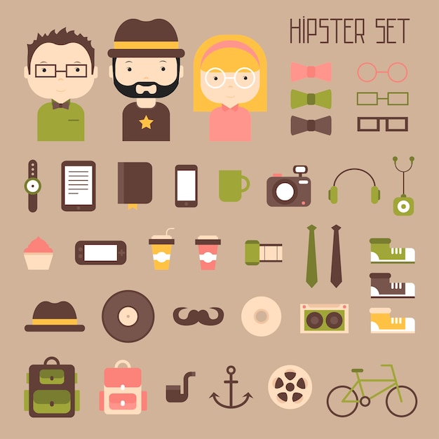 hipster elements and characters icons set for retro design